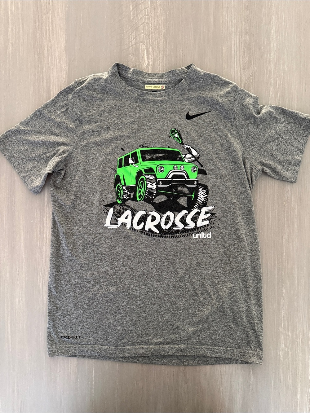 Nike Grey Short-Sleeve Lacrosse Tee with Bright Green Jeep Graphic